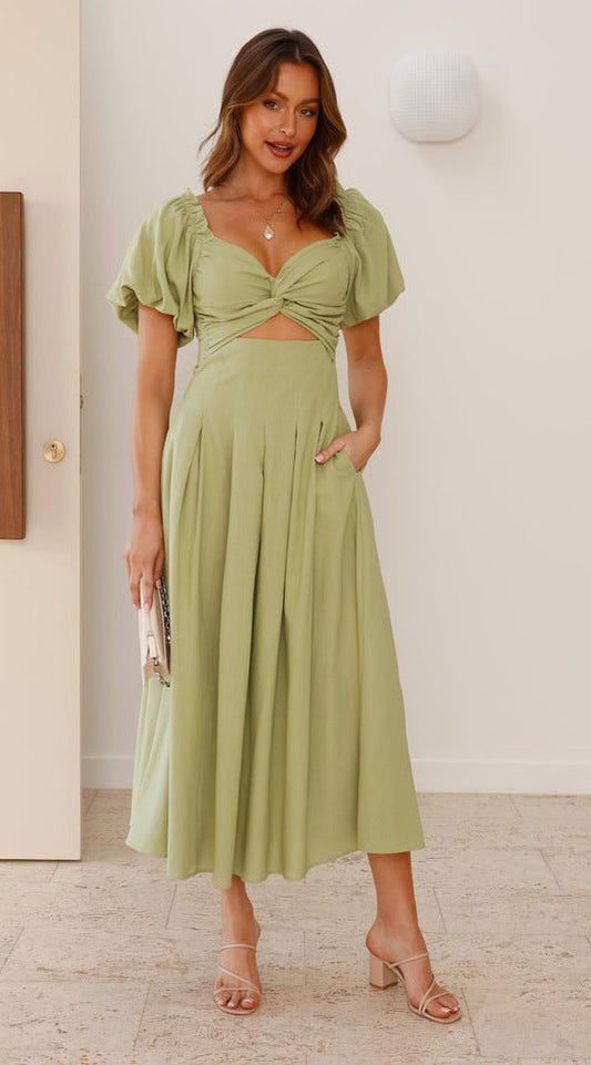 Dress for Women – Midi Length – Puff Sleeves – V-Neckline – Light and Tailored
