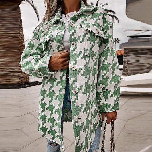 Women's Jacket – Oversize Fit – Cotton Feel – Houndstooth – Button Front – Chest Pockets