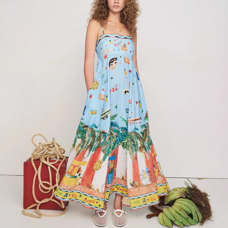 Kjole for dame – Maxi – Spagettistropper – Smock rygg – Graffiti print – Empireliv
