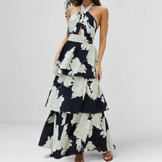 Women's Maxi Dress – Halterneck – A-line Fit – Ruffled Skirt – Keyhole Detail