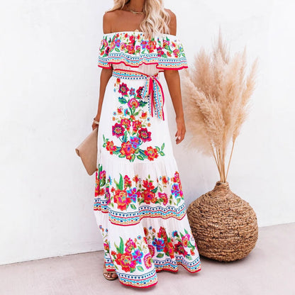 Dame Maxi Kjole – Off Shoulder – Blomsterprint – Rysjetopp – Belte i Midjen