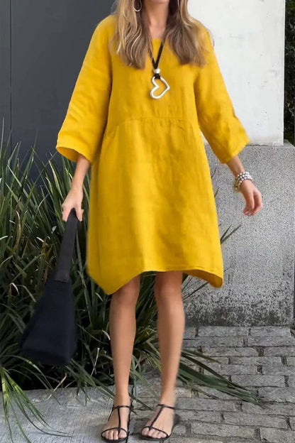 Dress woman – Loose fit – Linen and cotton – 3/4 sleeve – Knee-length – With pockets