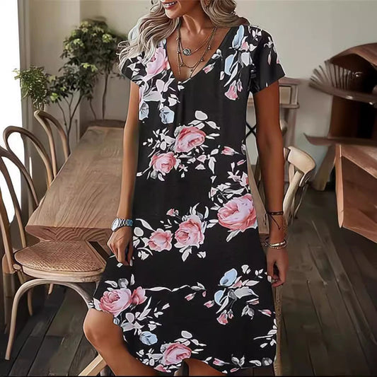 Dress Woman – Floral Print – Light and Breathable – Loose Fit – V-Neck – Knee Length