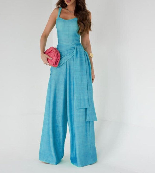 Women's Jumpsuit – Wide Leg – Sleeveless – Adjustable Waist – Linen Blend – Full Length