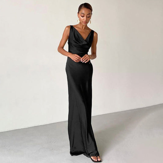 Dress woman – Satin – Slim fit – Draped neckline – Spaghetti straps – Floor-length