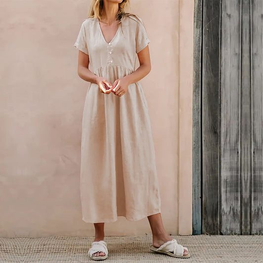 Dress for Women – V-Neck with Buttons – Loose Fit – Cotton-Linen Blend – Midi Length