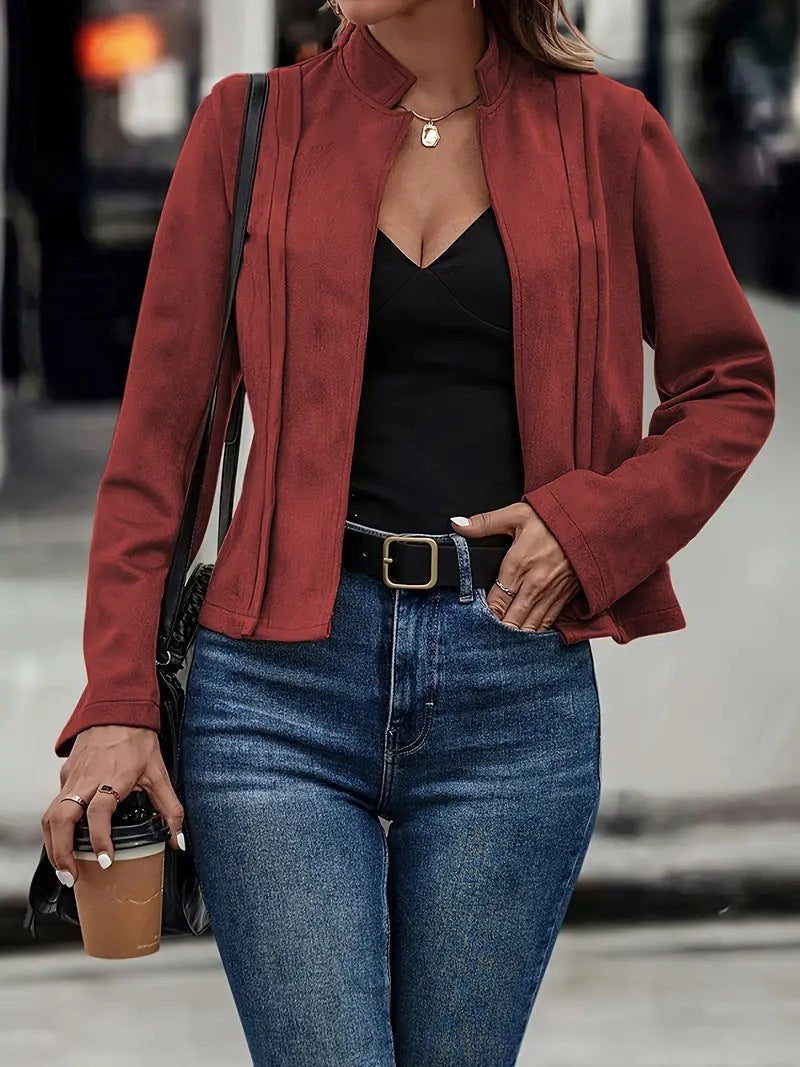 Women's Short Jacket – Slim Fit – Wool Blend – Stand Collar – Open Front