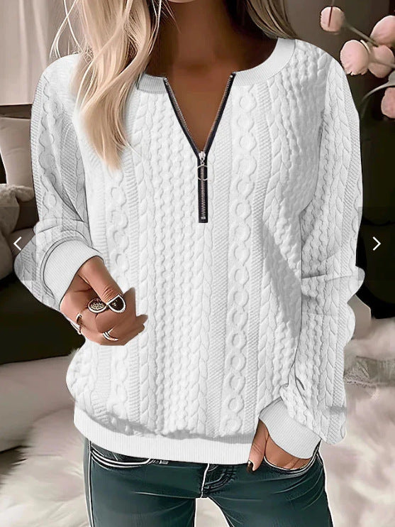 Women's Sweater – Wool Blend – Relaxed Fit – Cable Knit – Zipper Neck