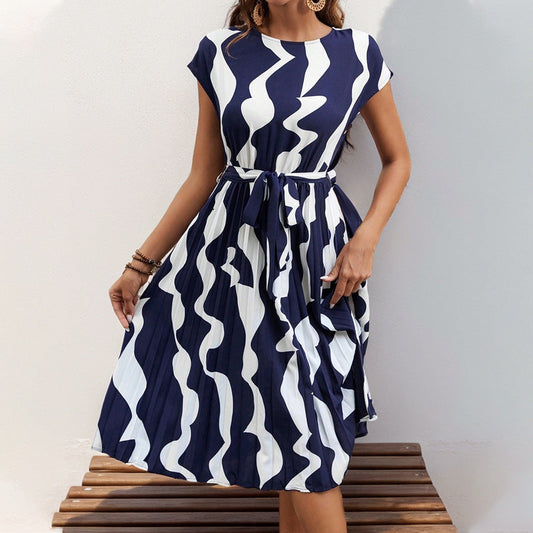 Dress woman midi – pleated A-line – geometric pattern – belt – short sleeve
