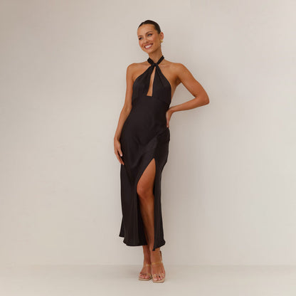 Dress for Women – Satin – Neckline – Fitted Waist – Slit – Floor-length