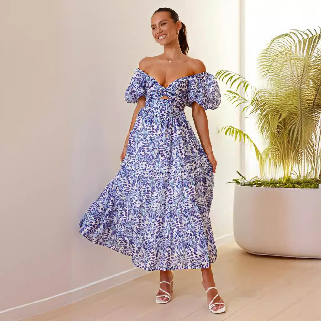 Women's Maxi Dress – Off-Shoulder – Puff Sleeves – Smocked Bodice – Light and Airy – Patterned
