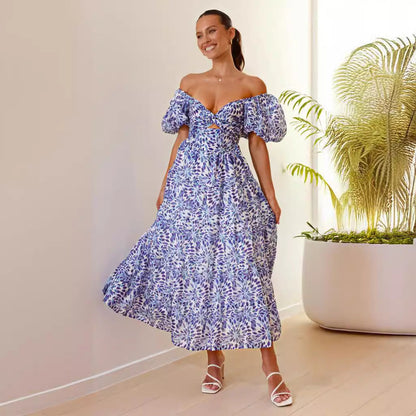 Women's Maxi Dress – Off-Shoulder – Puff Sleeves – Smocked Bodice – Light and Airy – Patterned