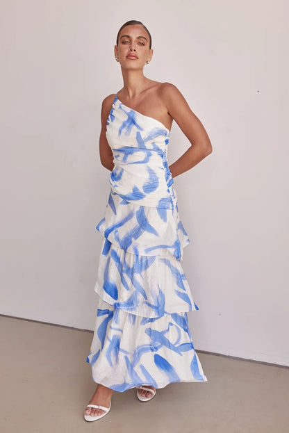 Kjole til dame – One-shoulder – Maxi – Rynket overdel – A-linjeskjørt med volanger – Abstrakt mønster