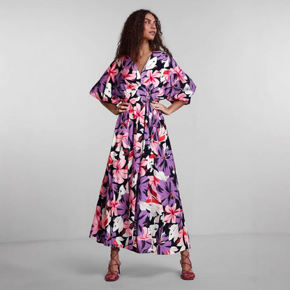 Women's Dress – High Waist – V-neck – Loose Fit – Floral Print – Split Skirt