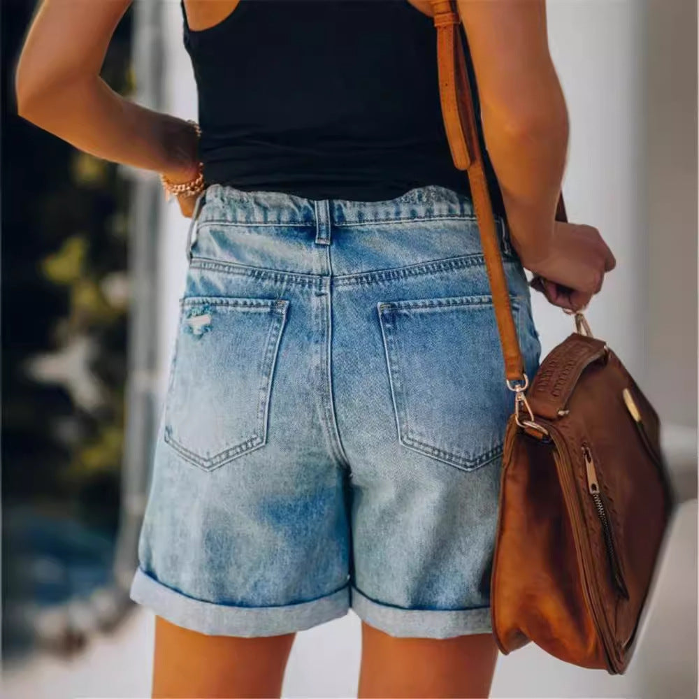 Women's Denim Shorts – Mid-Rise Waist – Relaxed Fit – Frayed Edge – Pockets