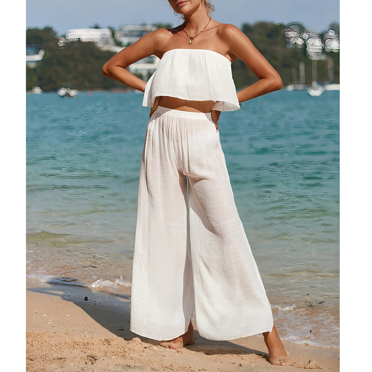 Women's two-piece set – strapless top – wide pants – lightweight breathable fabric