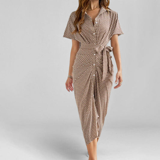 Dress for Women – Midi Length – V-Neck – Front Buttons – Tie Belt – Short Sleeve