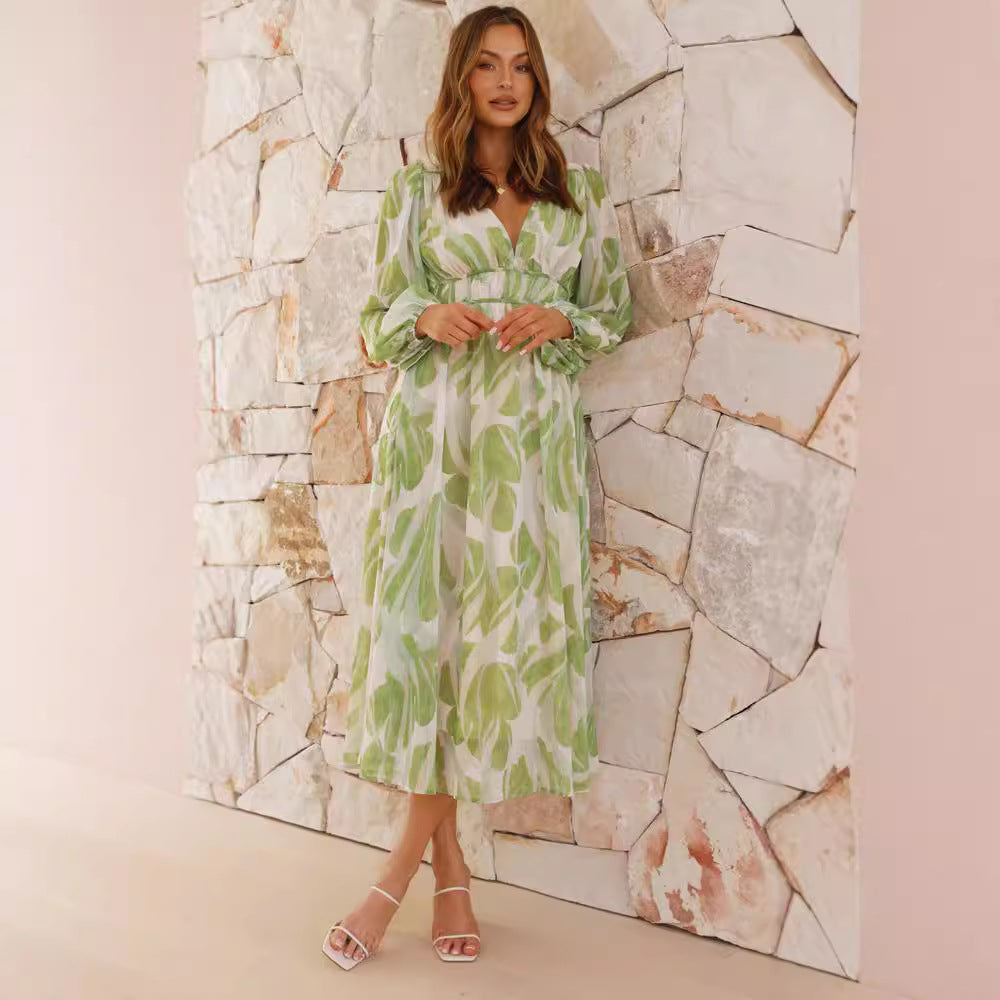 Kjole til dame – Chiffon – Avslappet passform – Blomstermønster – V-utringning – Lange ermer
