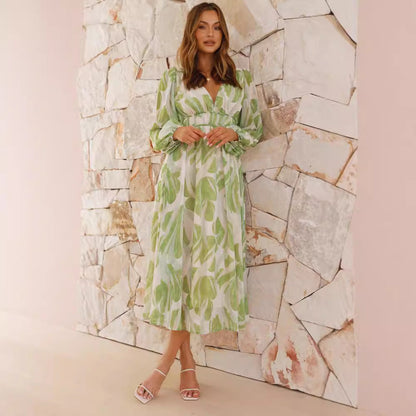 Kjole til dame – Chiffon – Avslappet passform – Blomstermønster – V-utringning – Lange ermer