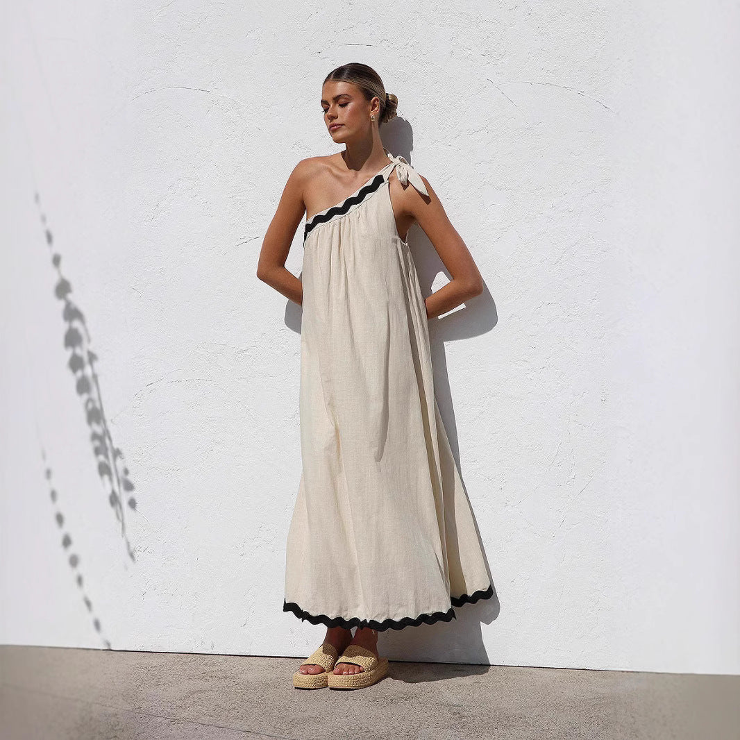 Women's Maxi Dress – One Shoulder – Relaxed Fit – Breathable Material – Wavy Hem