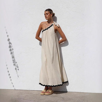 Women's Maxi Dress – One Shoulder – Relaxed Fit – Breathable Material – Wavy Hem