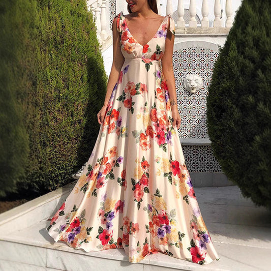 Dress for Women – Maxi – A-line – Sleeveless with Open Back – Floral Print – Spaghetti Straps