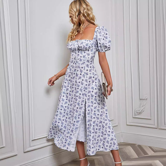 Dress for Women – A-line Fit – Floral Print – Puff Sleeves – Tie Detail – Front Slit