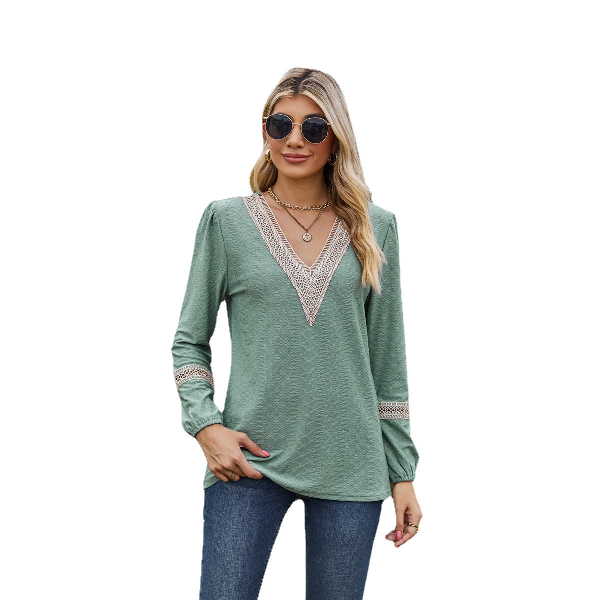 Women's Long-Sleeve T-Shirt – V-Neck – Loose Fit – Lace – Breathable Fabric