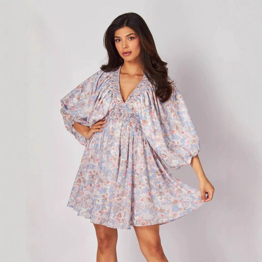 Dress for Women – Short Chiffon Dress – Bohemian Fit – V-Neck – Ruched Waist