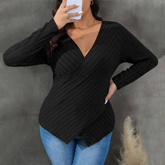 Women's Wrap Top – Ribbed Knit Fabric – Slim Fit – V-Neckline – Long Sleeves