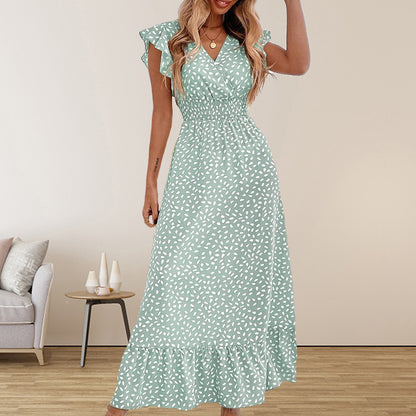 Maxi Dress for Women - Smocked Waist - Short Sleeves - Leaf Print