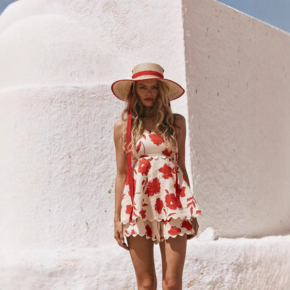 Women's Set – Linen-like Fabric – Relaxed Fit – Floral Pattern – Lace Trim