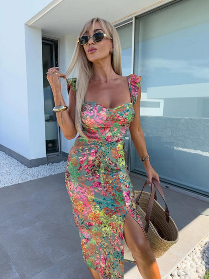 Dress for Women – Midi Length – Slim Fit – Floral Print – Ruffle Straps – Side Slit – Breathable Fabric
