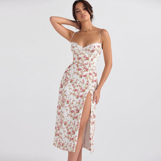 Women's Midi Dress – Tight Fit – Spaghetti Straps – Floral Print – Slit