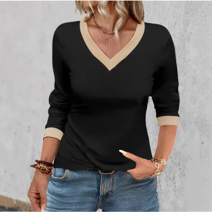 Women's T-shirt – V-neck – Relaxed fit – Soft knit – 3/4 sleeves – Minimalist design