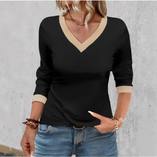 Women's T-shirt – V-neck – Relaxed fit – Soft knit – 3/4 sleeves – Minimalist design