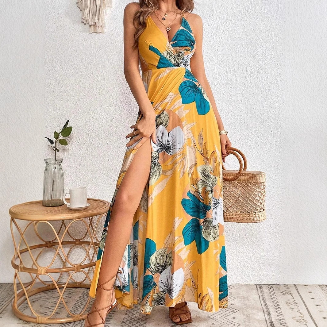 Dress for Women – Maxi Length – Deep V-Neckline – Tropical Floral Pattern – High Slit
