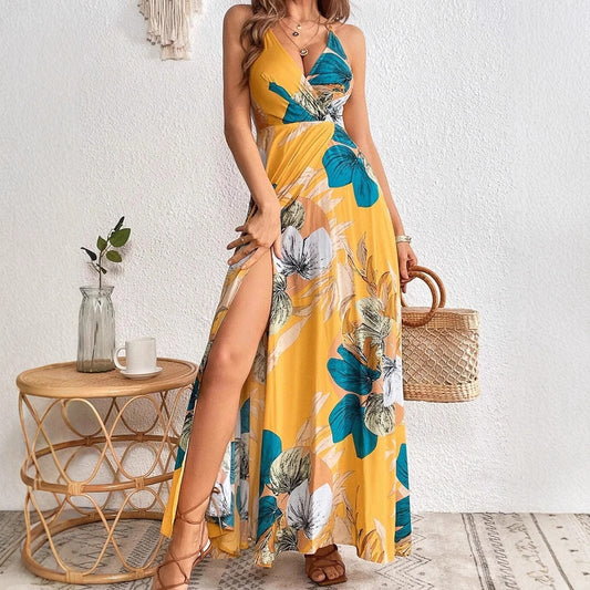Dress for Women – Maxi Length – Deep V-Neckline – Tropical Floral Pattern – High Slit
