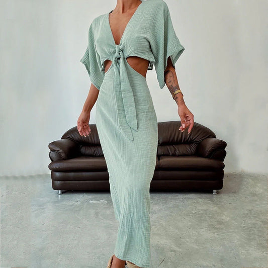 Dress woman – Maxi dress – Slim fit – V-neck – Cutouts – Open back