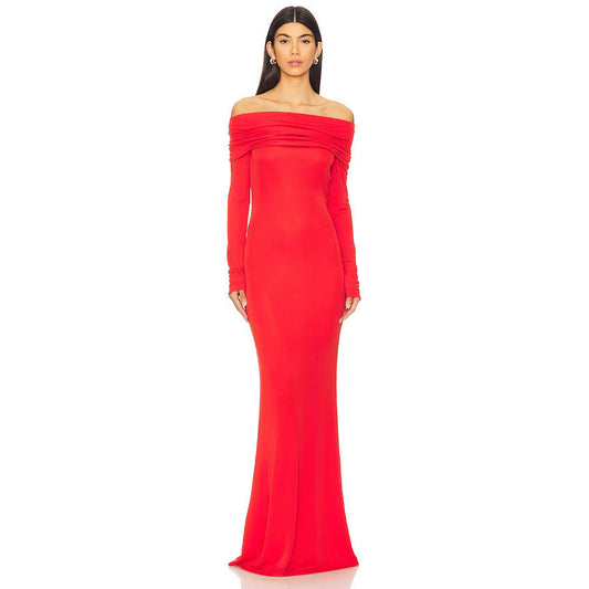 Dress woman – Slim fit – Off-shoulder – Draped neckline – Full length – Elegant