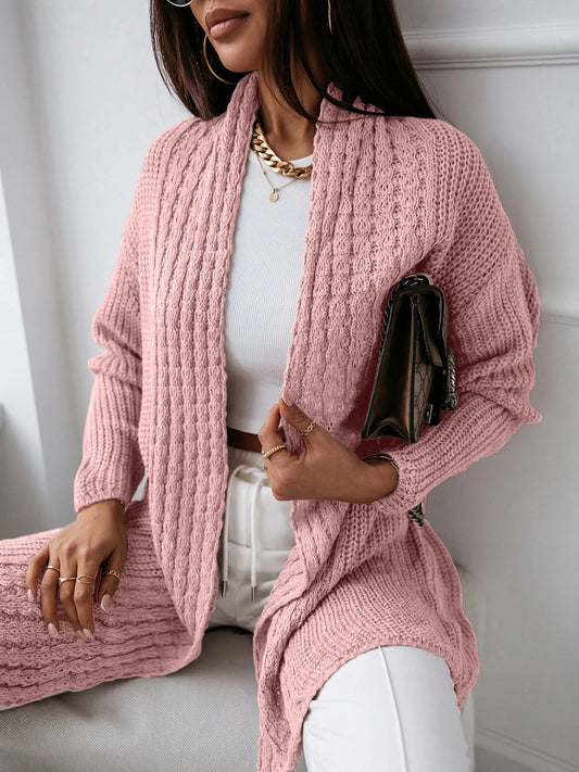Women's Long Cardigan – Wool Knit – Relaxed Fit – Open Front – Ribbed Structure