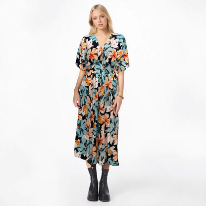 Women's Dress – High Waist – V-neck – Loose Fit – Floral Print – Split Skirt