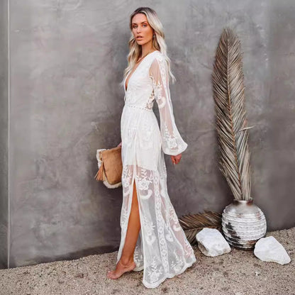 Dress for Women – Long Elegant Fit – V-Neckline – Lace and Chiffon – Slit