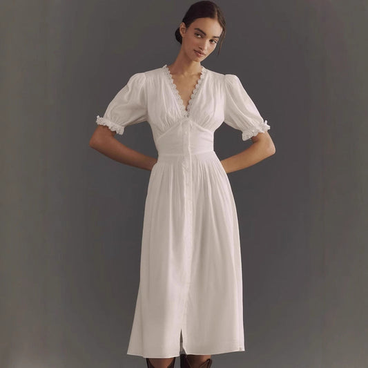 Dress for Women – Midi Length – A-line Fit – Lace V-neck – Button Front