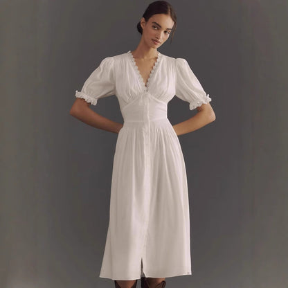 Kjole dame midi – V-hals med blondedetaljer – Pufferm – A-linje – Knappefront