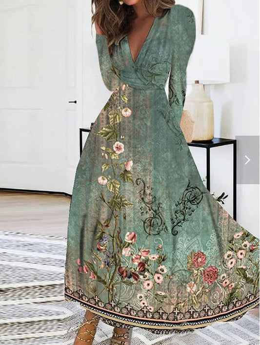 Dress for Women – Maxi Dress – Floral Print – V-Neck – Long Sleeves – Bohemian Style