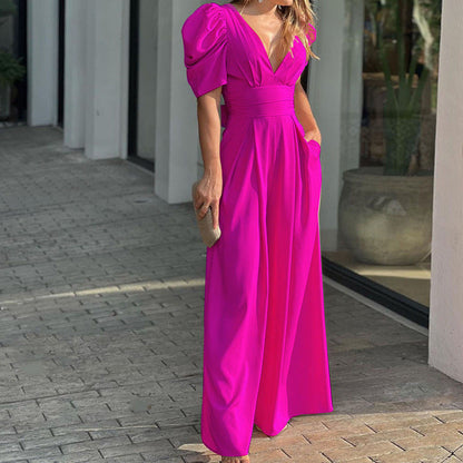 Women's Jumpsuit – Wide Legs – Puff Sleeves – Deep V-neck – Fitted Waist – Elegant Cut