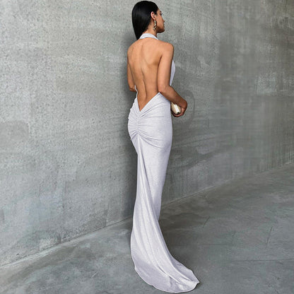 Dress for Women – Maxi Dress – Slim Fit – Halterneck – Deep Neckline – Open Back
