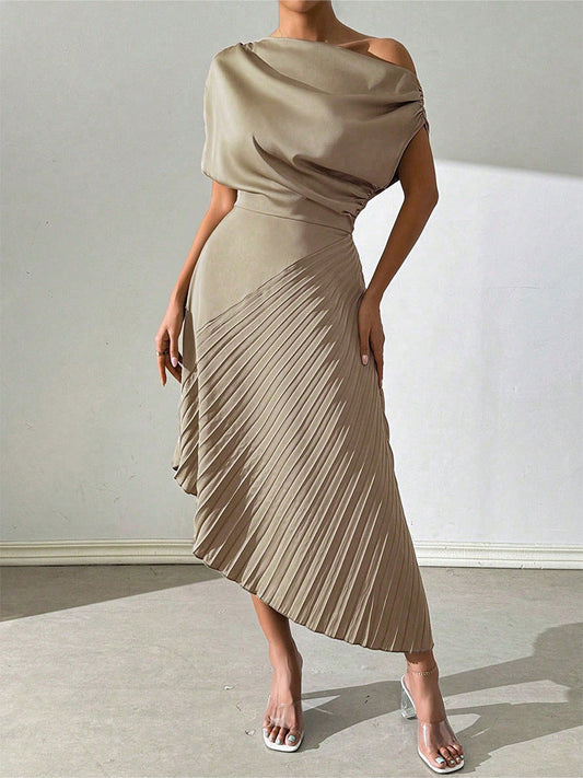 Dress for Women – Asymmetric Midi Length – One Shoulder – Pleated and Form-Fitting Design