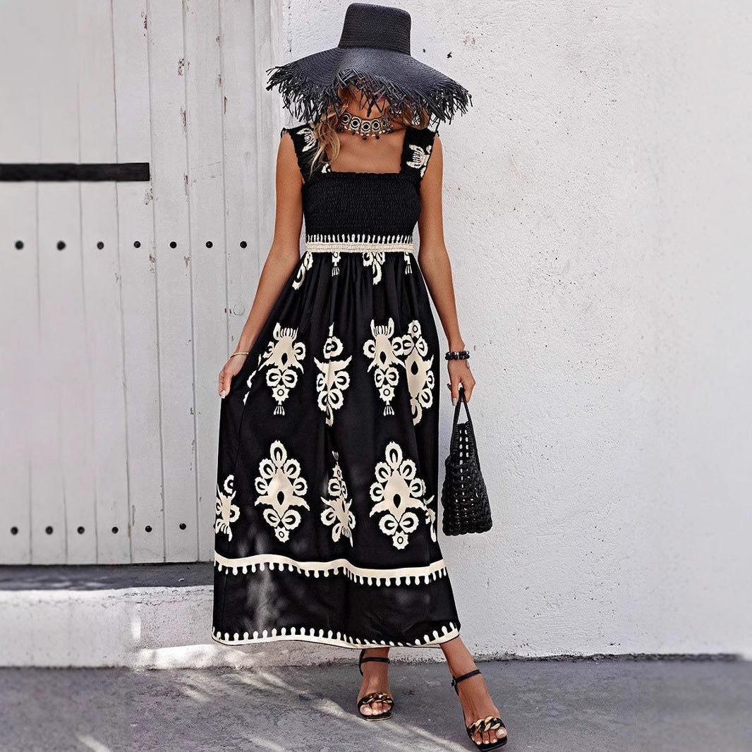 Women's Maxi Dress – Cotton – Loose Fit – Bohemian Pattern – Straps with Ruffles